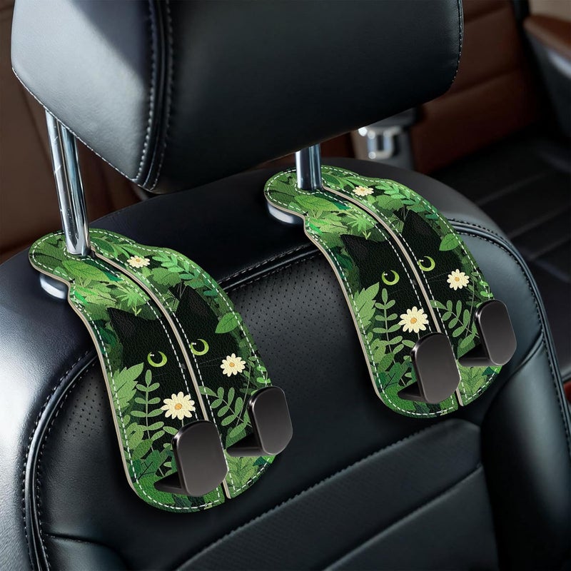 Blusabaca 2PCS Car Seat Back Storage Headrest Hooks, Black Cat Floral Purse Holder Bags Hanger, PU Leather Double Metal Hook for Backseat Organizer, Women Car Accessories Organization - Image 1
